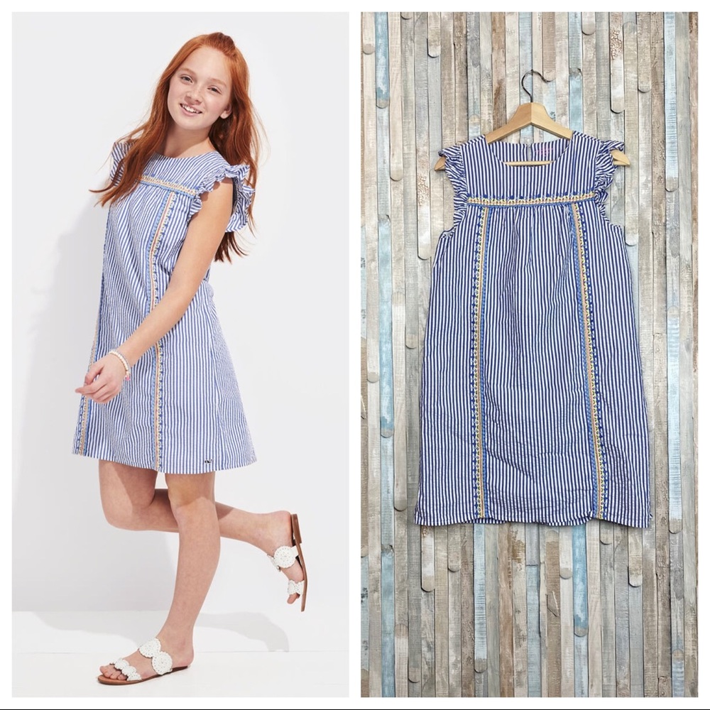 Vineyard Vines 16 Girls Blue Embroidered Seersucker Stripe Shift Dress Ruffled